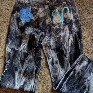 Custom Designed SHEIN SXY Fringe Trim Tie Dye Straight Jeans ARIES